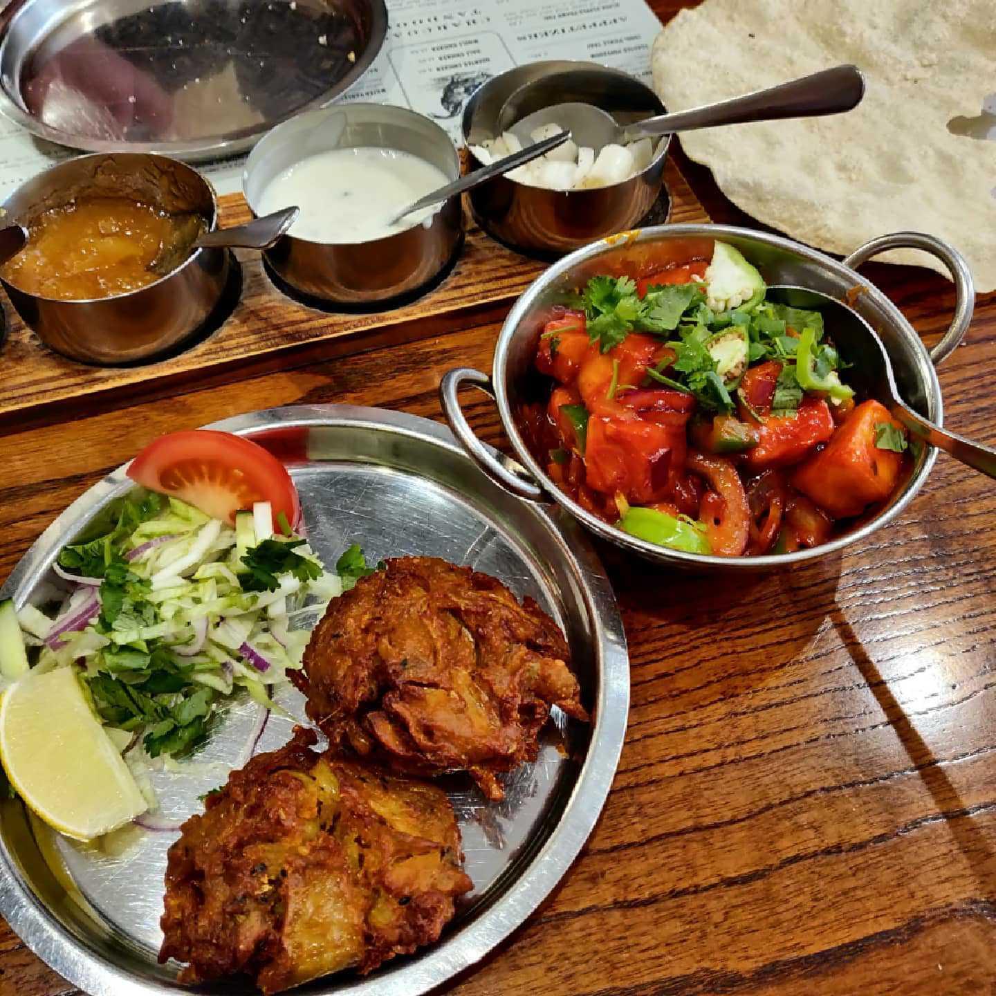 Ashoka onion bhajis and pickle tray