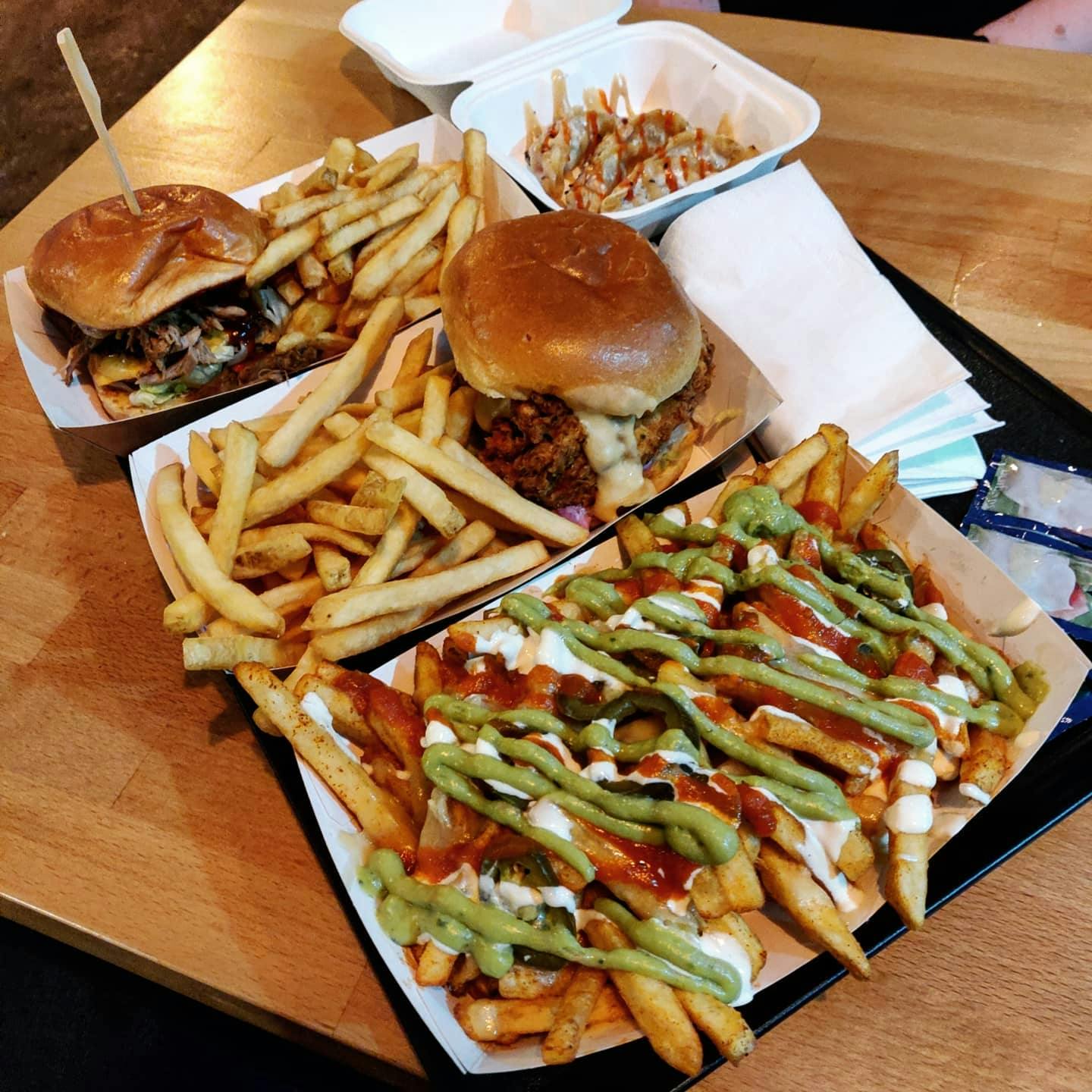 Burger and loaded fries from Twisted Burger Company at Triple Point Brewery